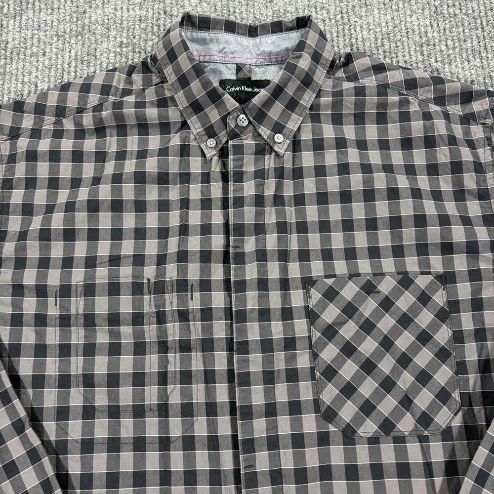 Calvin Klein Jeans Button Down Shirt Men LT Grey Black Gingham Check Long Sleeve